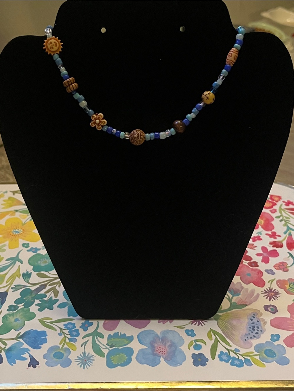 Blue and Brown Beaded Choker Necklace with Floral Accents